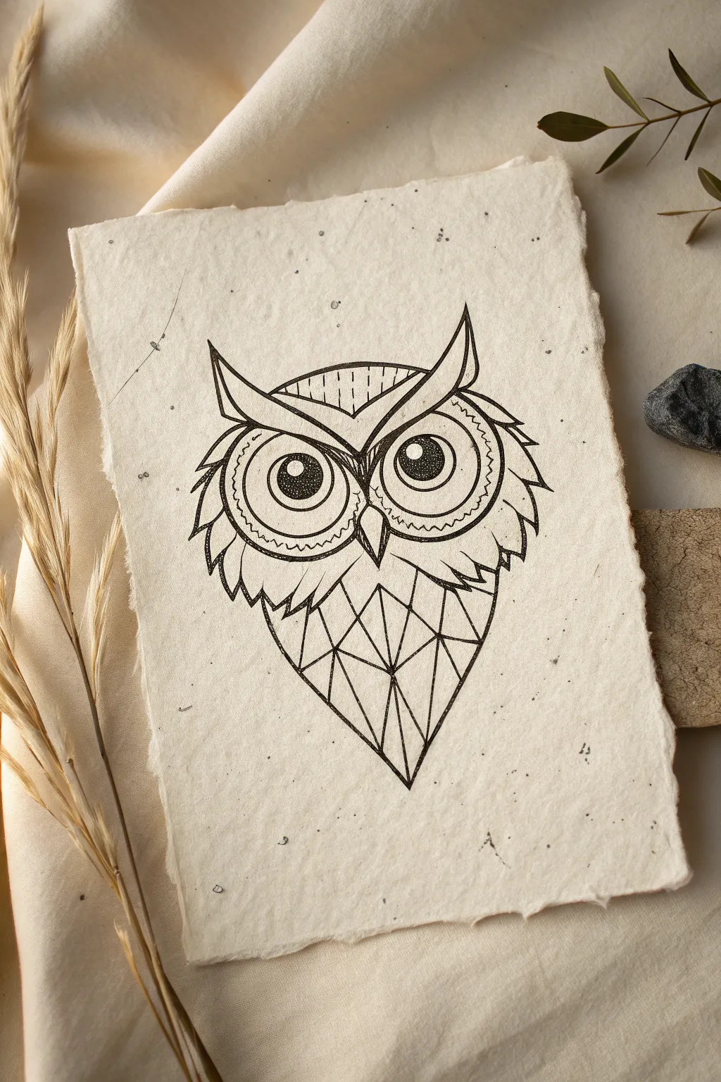 Shattered owl portrait idea with faceted triangle feathers, bold values, and clean minimalist contrast.