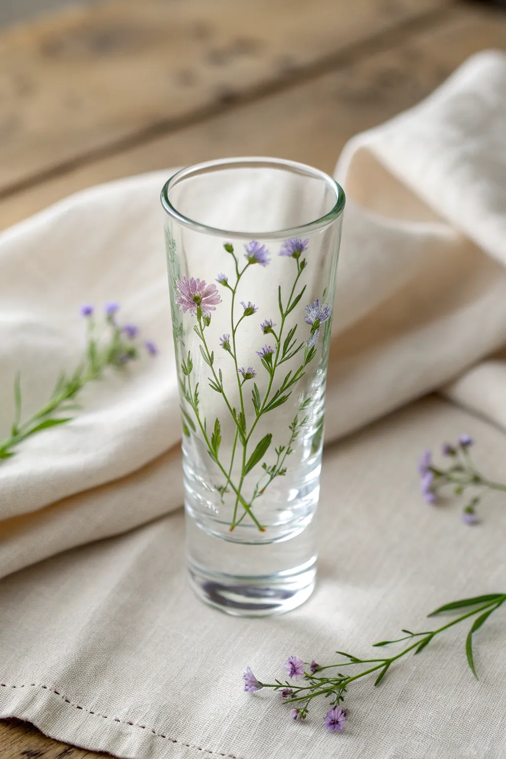 Dainty wildflower stems painted up a clear shot glass, styled with soft light and airy linen.
