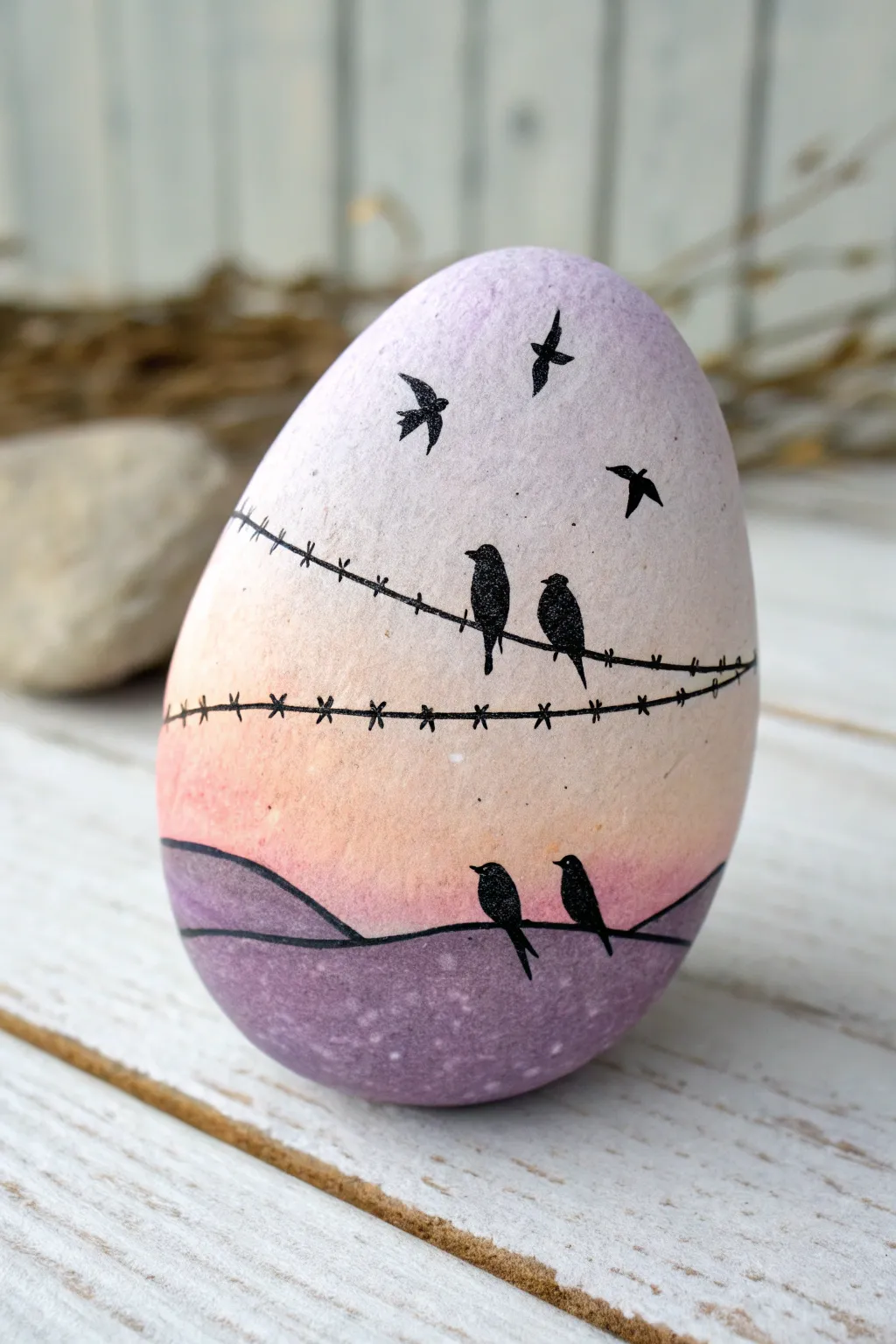 Birds on a wire silhouette rock with a soft twilight gradient, minimalist boho and high contrast.