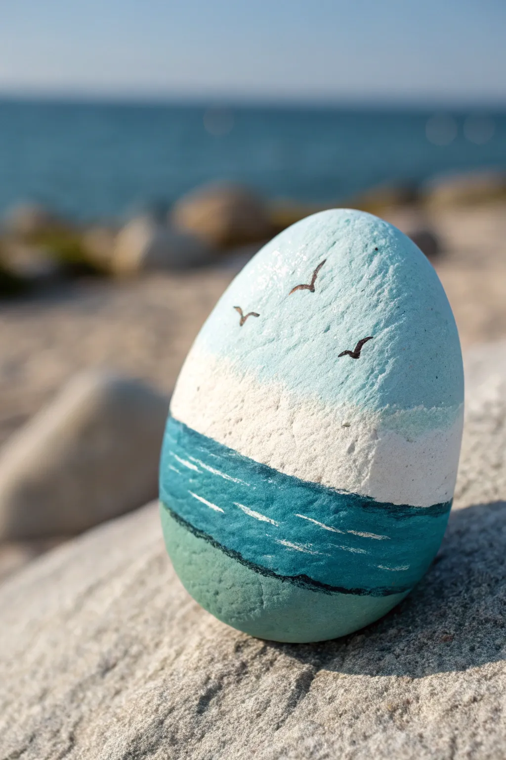 Minimal seagulls over sea bands on a painted beach rock, airy Scandinavian calm with boho warmth
