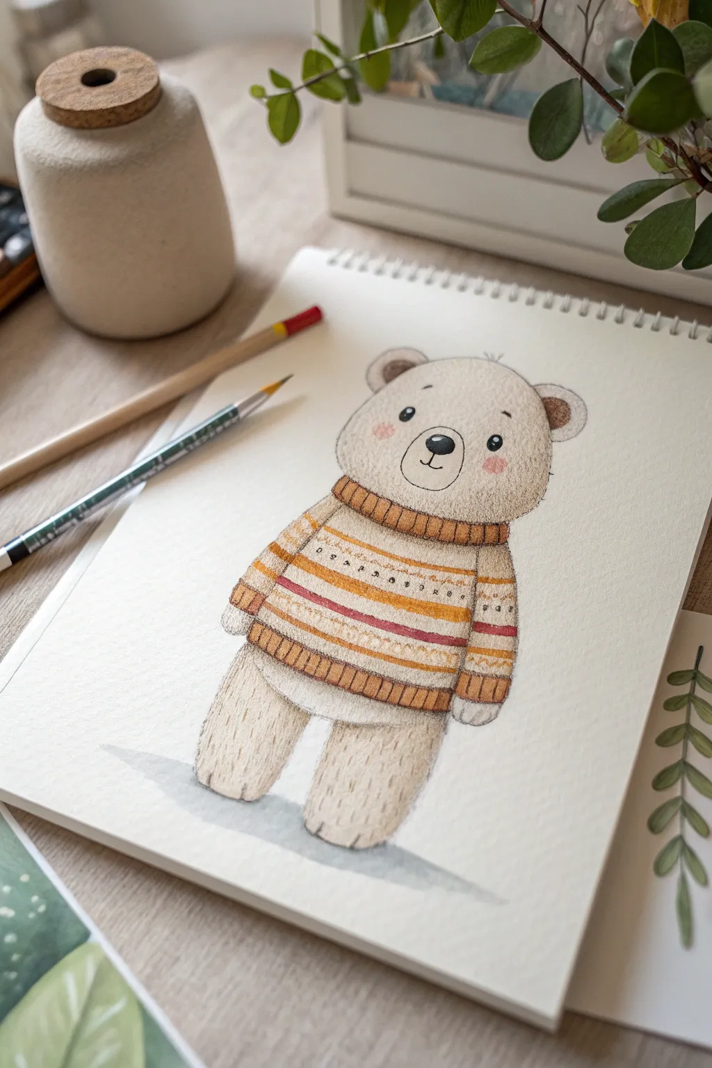 Draw a chubby bear in a striped sweater using simple shapes, dot eyes, and cozy minimal style.