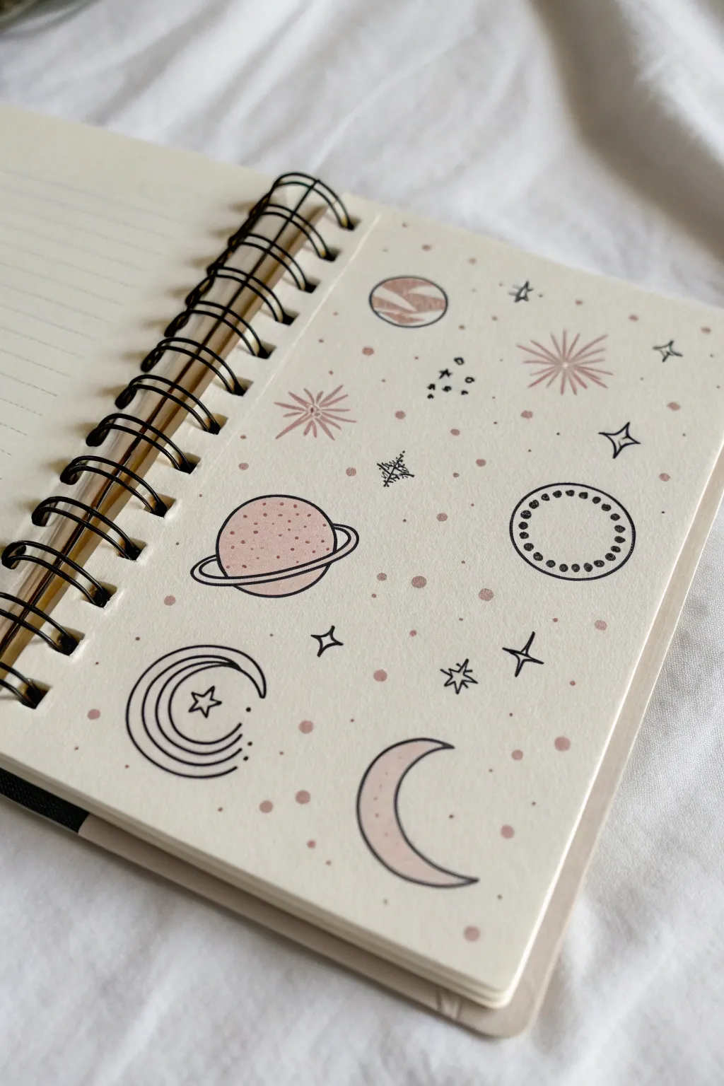 Simple crescent moons and tiny planets arranged like a minimalist space sticker sheet