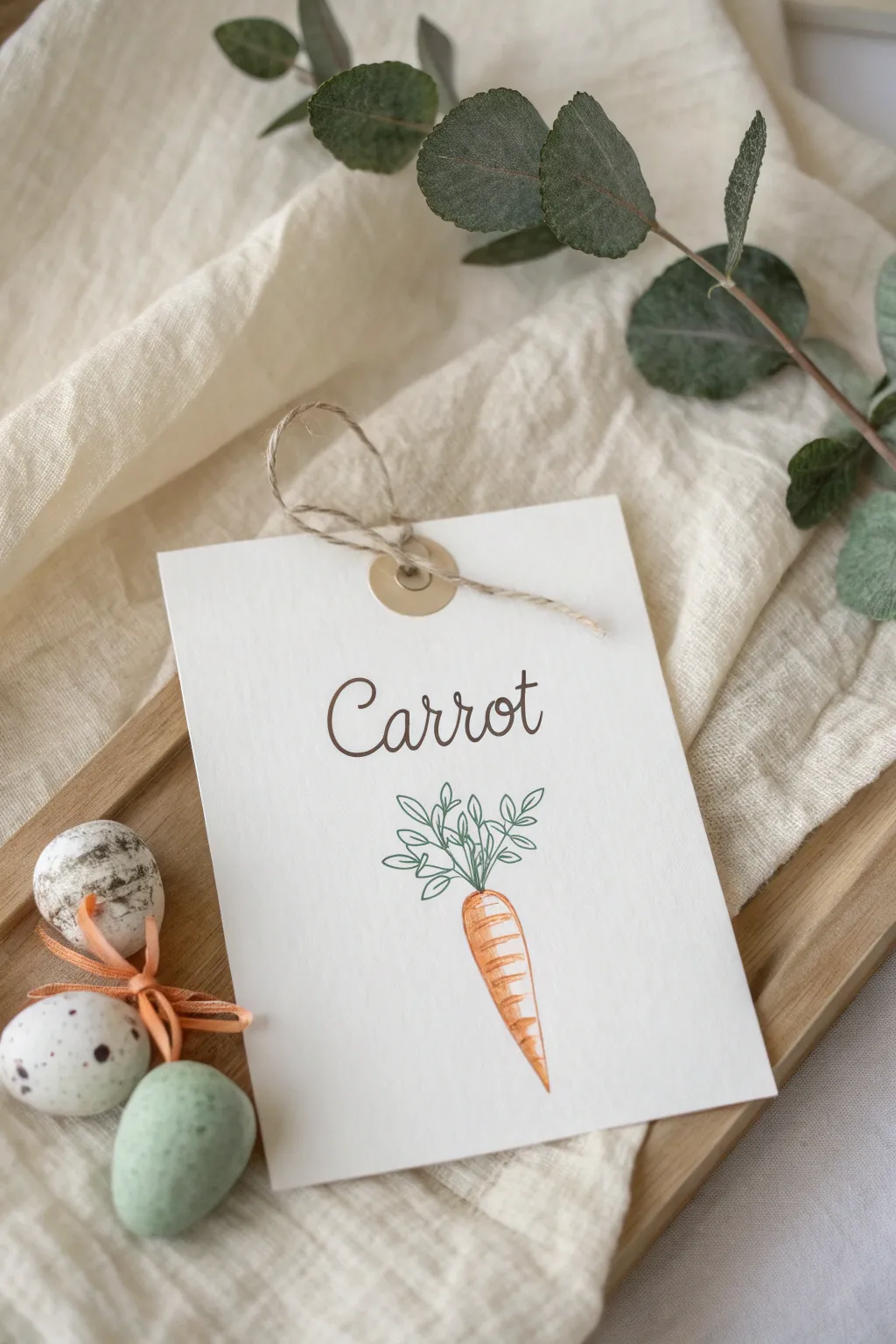 Simple carrot doodle with a tiny Easter egg tag, minimalist Scandinavian-boho spring vibe.