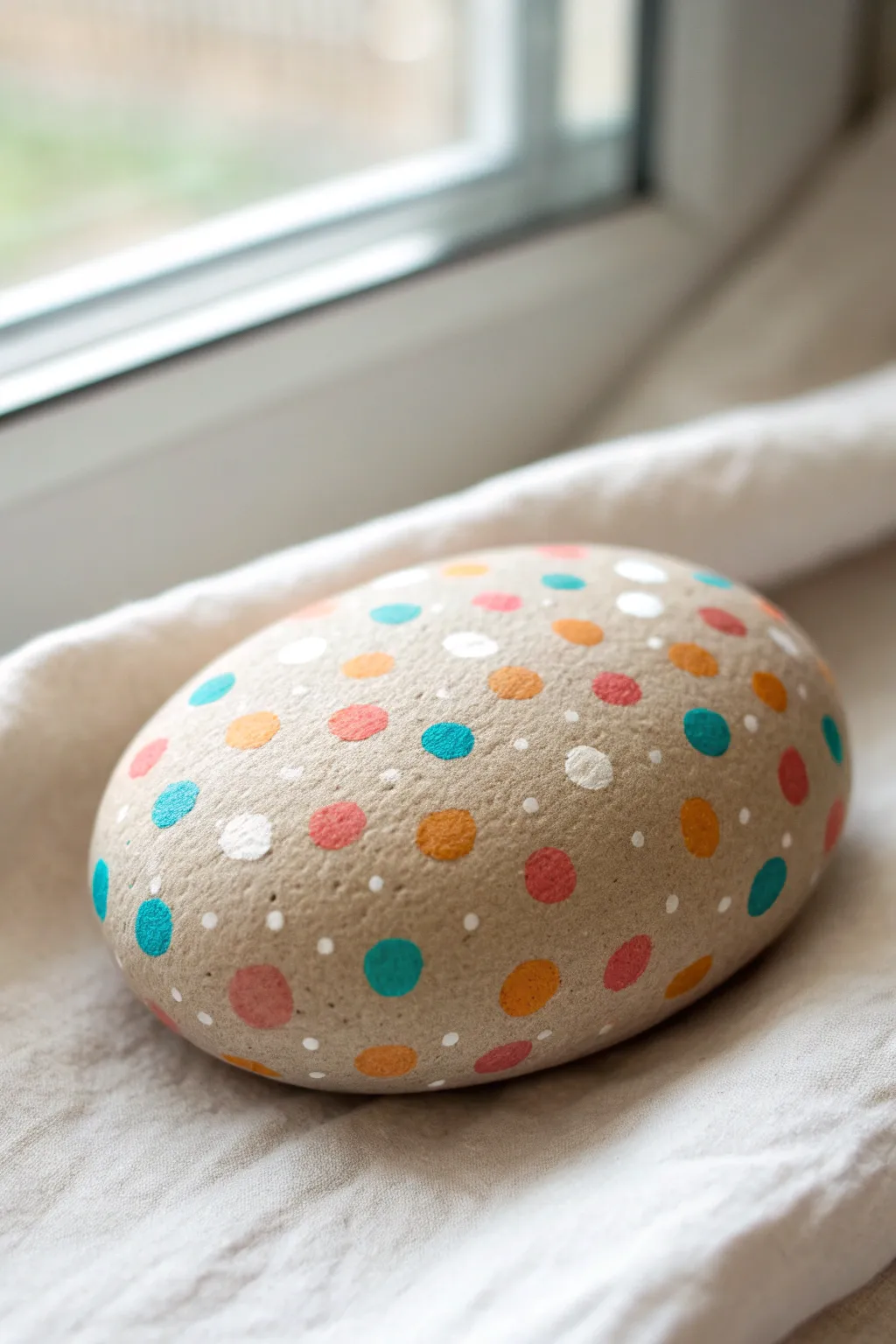 Playful polka-dot confetti rock styled minimally on linen, a simple DIY idea with cheerful color.