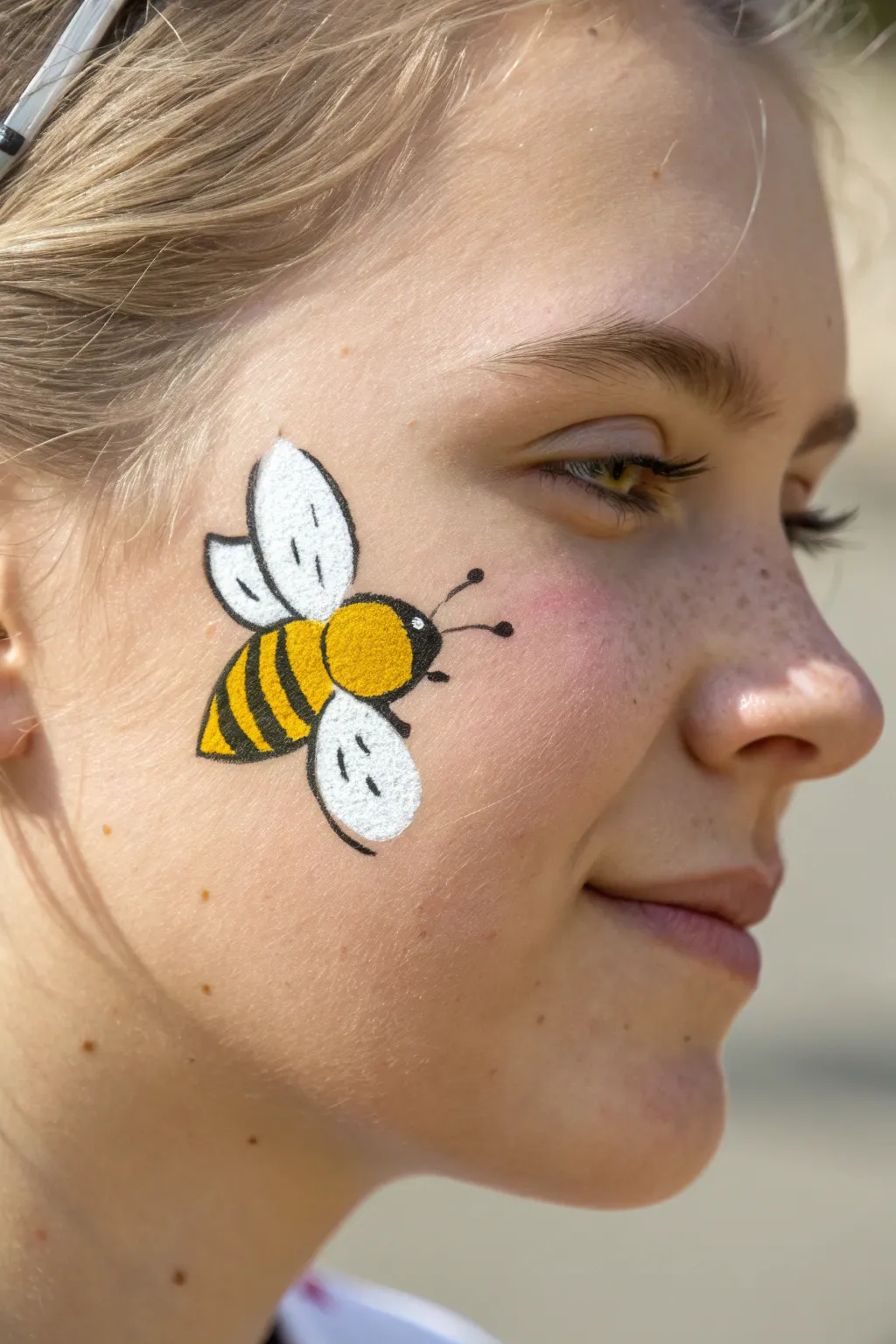 One-cheek bumblebee face paint: tiny striped bee with white wings, clean and minimalist.