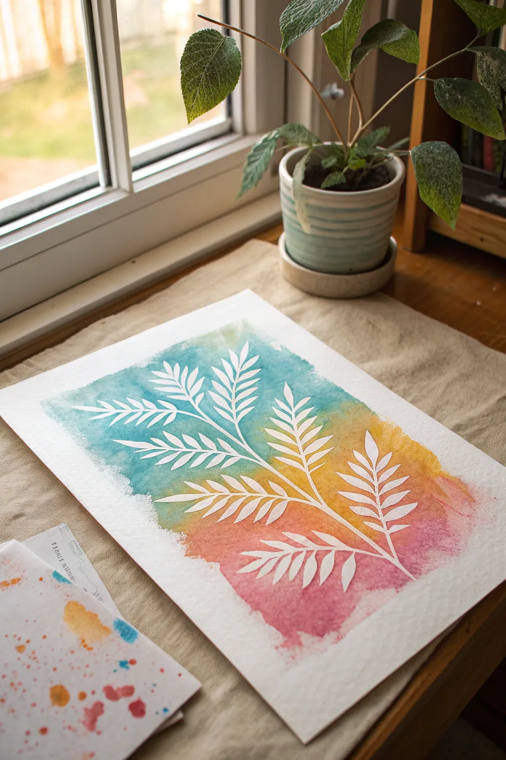 Leaf resist magic with punchy spray layers and crisp botanical silhouettes on clean paper
