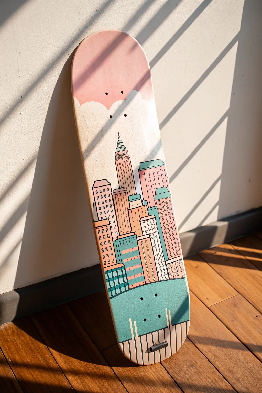 Bright stacked skyline from nose to tail, bold windows and color blocks for a modern deck.