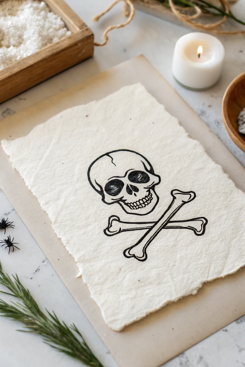 Minimal skull and crossbones ink icon, high-contrast linework for bold skeleton drawing inspiration