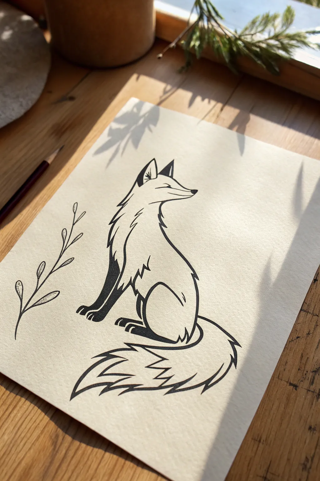 Clean fox side profile sketch with crisp contour lines and subtle hatching for fur texture.