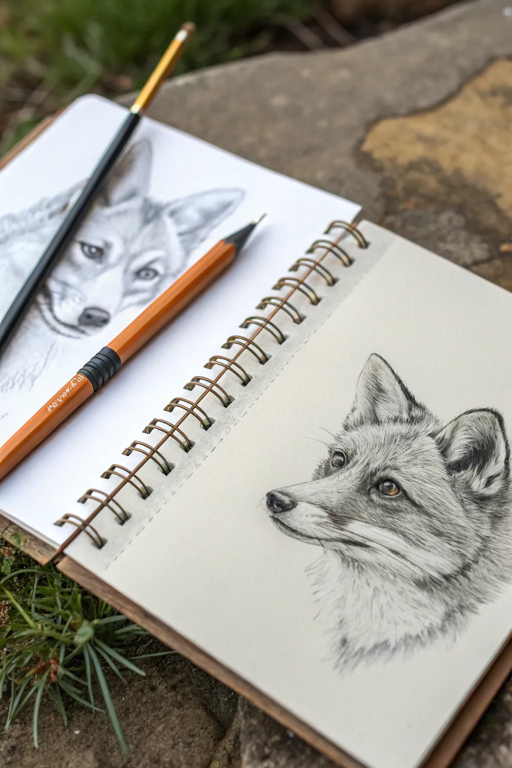 Pet portrait sketch study: simple shapes beside fur-texture strokes in clean Nordic style.