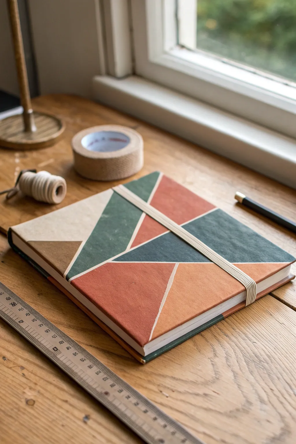 Bold geometric blocks for a modern sketchbook cover, crisp masked edges with tape and ruler