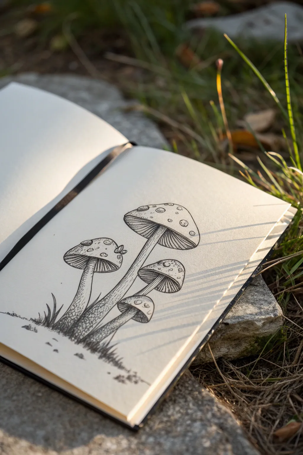 Easy mushroom cluster sketch with gentle hatching, minimalist lines for calm sketchbook practice.