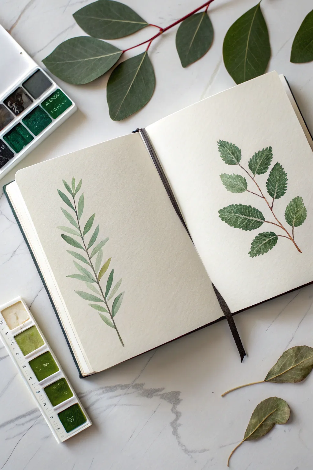 Leaf and stem sketchbook study with green swatches and a real leaf reference nearby
