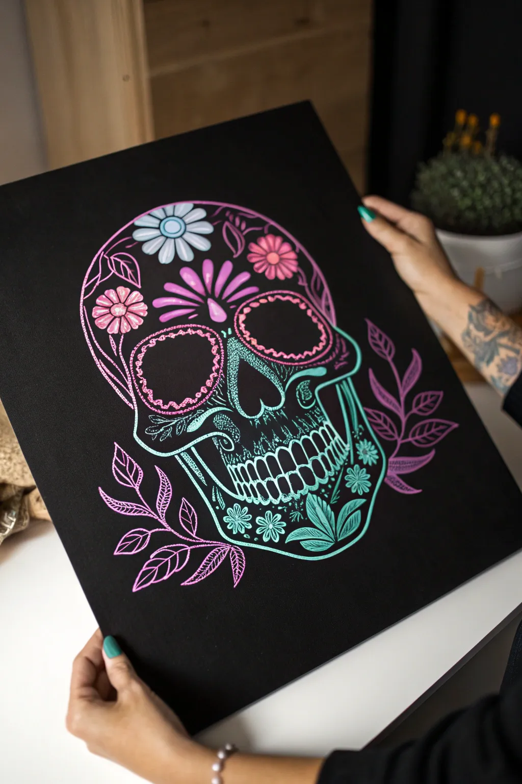Minimal neon skull on deep black, Scandinavian-boho mood with hot pink, teal, purple glow