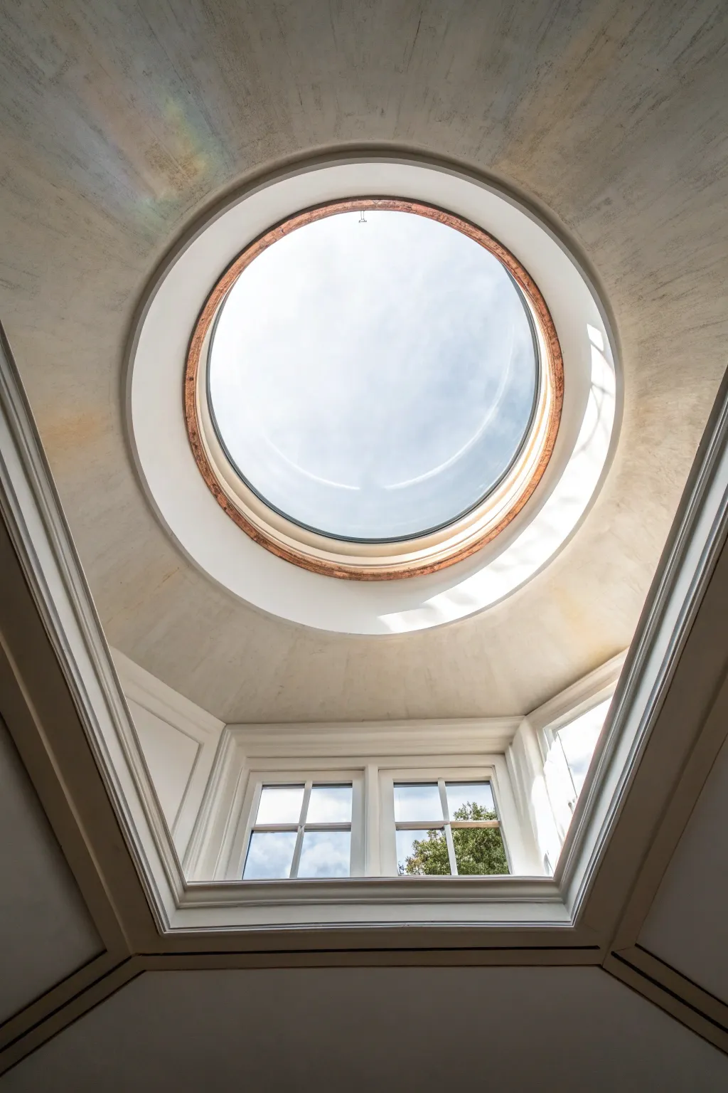 A soft painted halo around the skylight opening adds a calm, glowing ceiling accent.