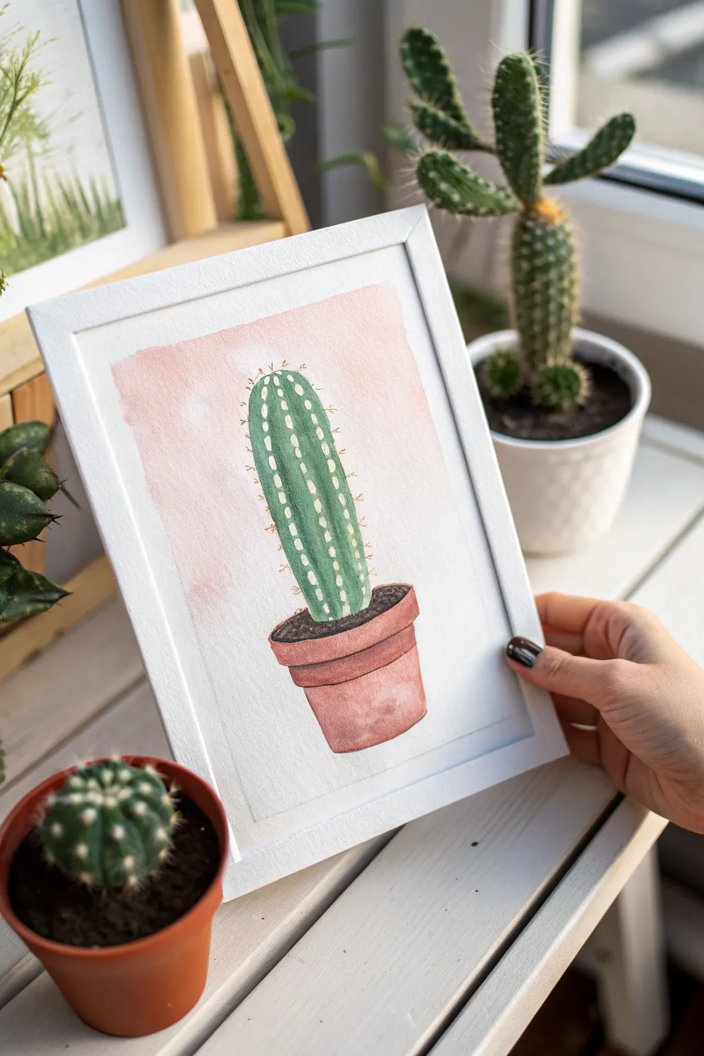 A tiny cactus in a terracotta pot, painted in soft pastels for a calm minimalist vibe