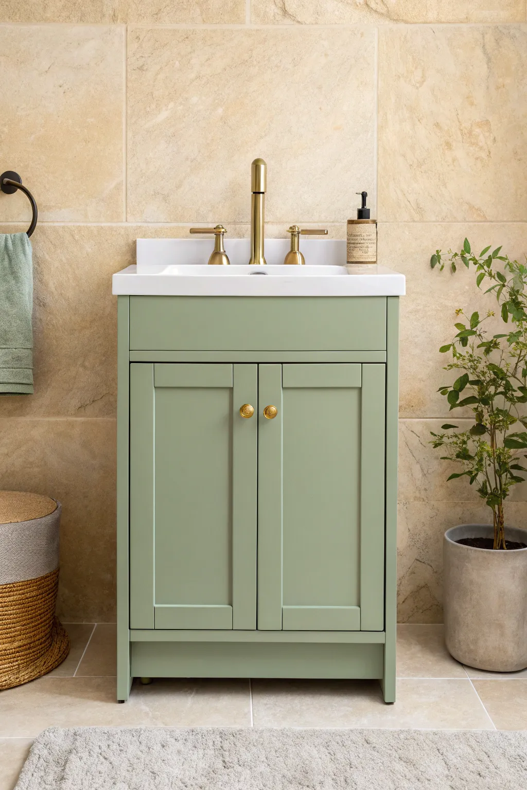 Soft sage green vanity with brass details and a leafy plant for calm, fresh small-bath vibes.