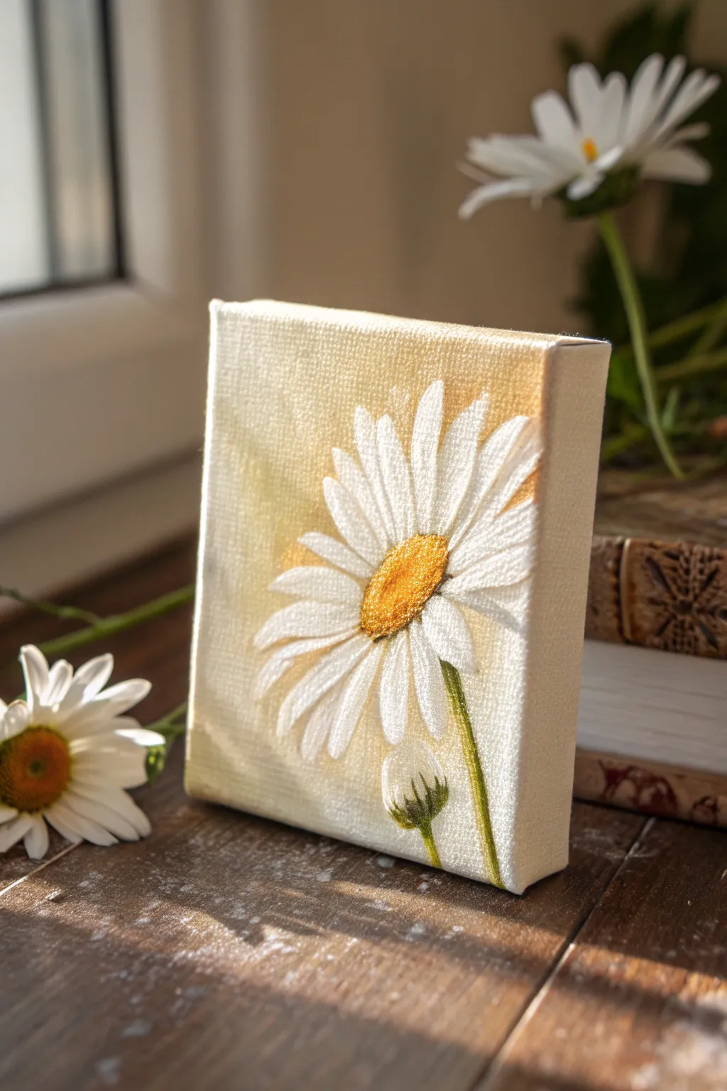 Beginner-friendly tiny canvas idea: one bold daisy, clean background, calming minimal style.