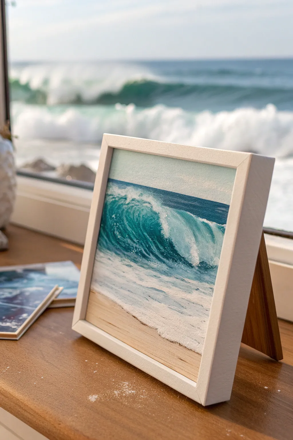 Mini seascape wave on a tiny oil panel, airy negative space and crisp foam texture