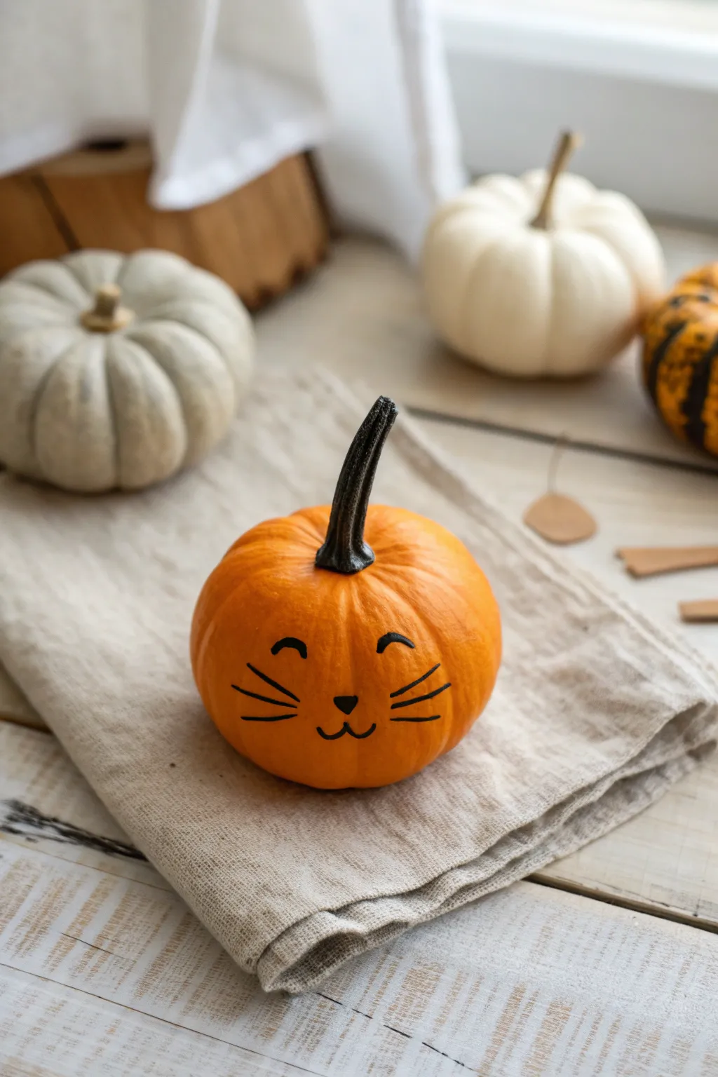 Mini pumpkin cat with paper ears and painted whiskers, a sweet Scandinavian-boho fall craft.