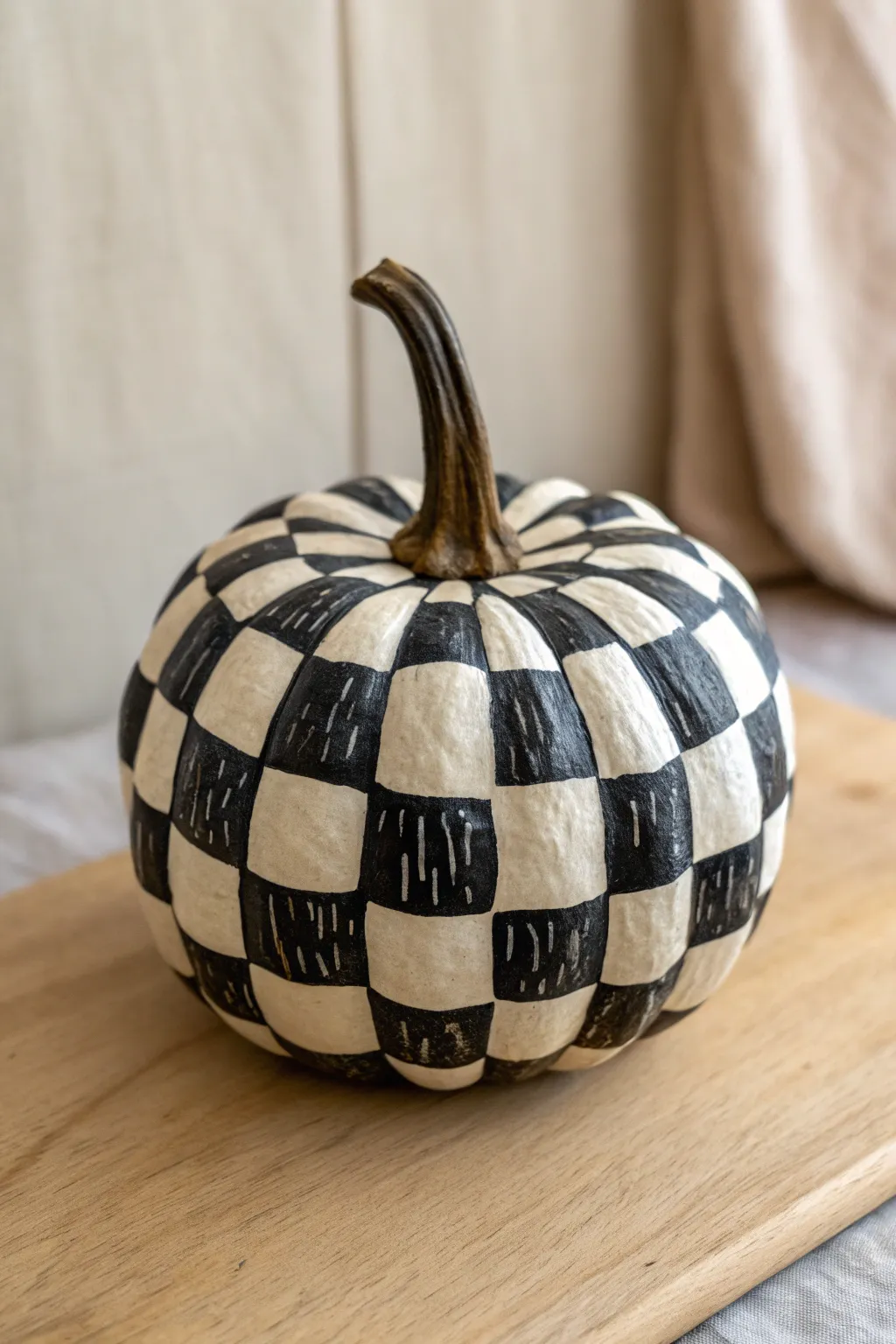 Mini pumpkin checkerboard pattern in soft neutrals, crisp contrast, clean Scandinavian styling