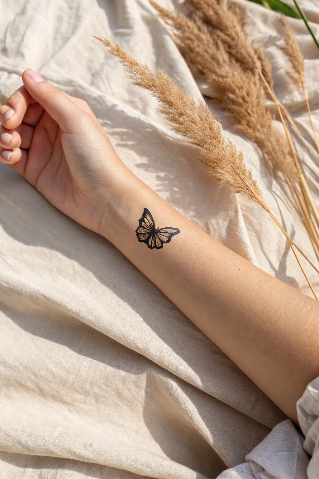 Tiny butterfly silhouette on the wrist, minimalist and crisp, proof small tattoos can stand out.