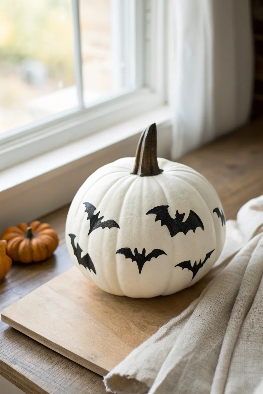 Minimal white pumpkin with crisp black bat silhouettes for a chic modern Halloween accent
