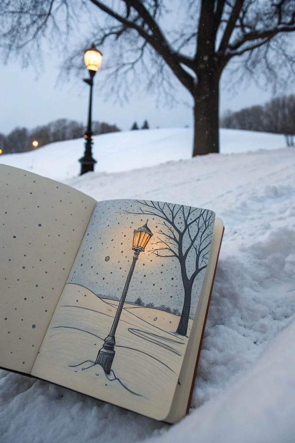 Minimal winter streetlight drawing idea: warm glow catching falling snow at quiet dusk