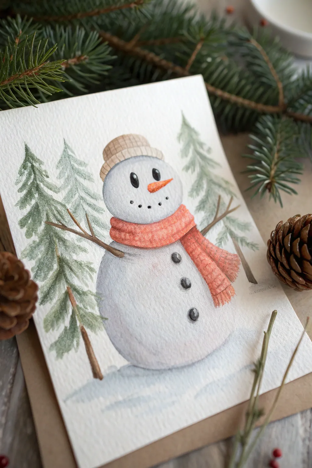 Minimalist snowman with layered evergreens and soft falling snow in cozy Nordic tones