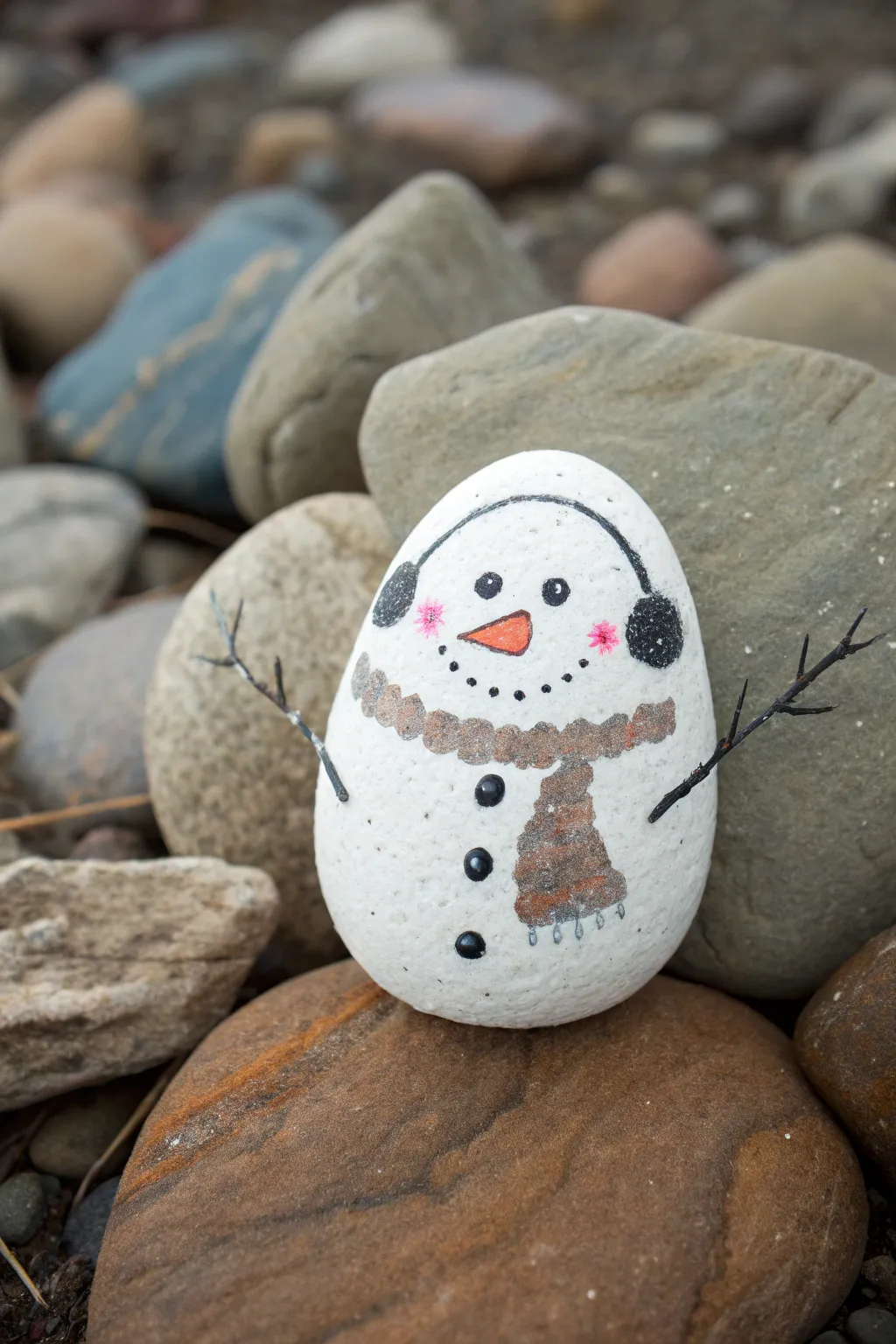 Cozy earmuffs and mitten snowman rock, minimalist winter charm for easy painting inspiration.