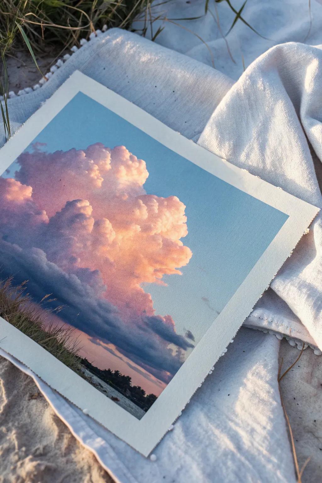Fluffy pastel cloud study with peach-lit edges and lavender shadows on a serene blue sky.