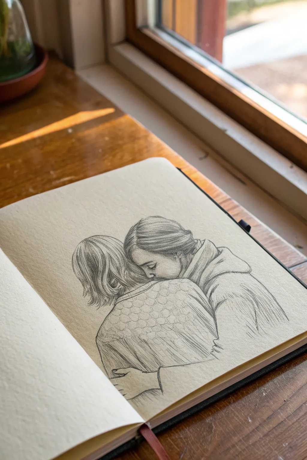Back-view soulmate hug sketch with soft charcoal smudges for a calm, cozy home feeling.