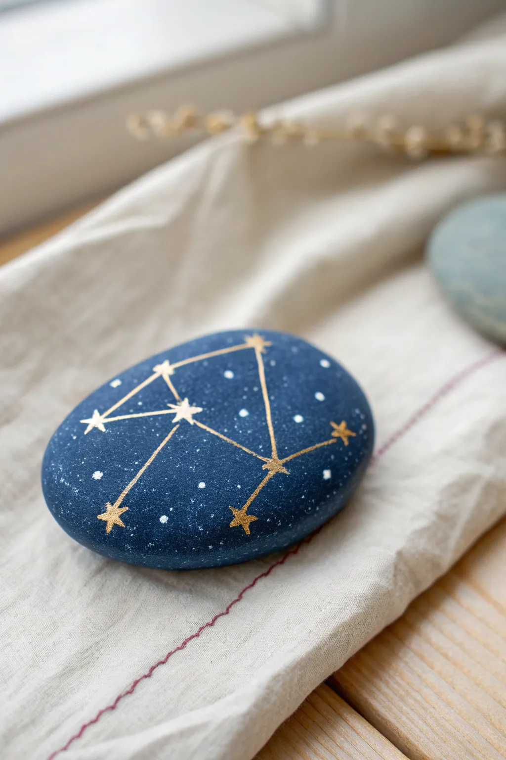 Paint a tiny constellation map on a dark rock for an elegant, hand-held night sky.