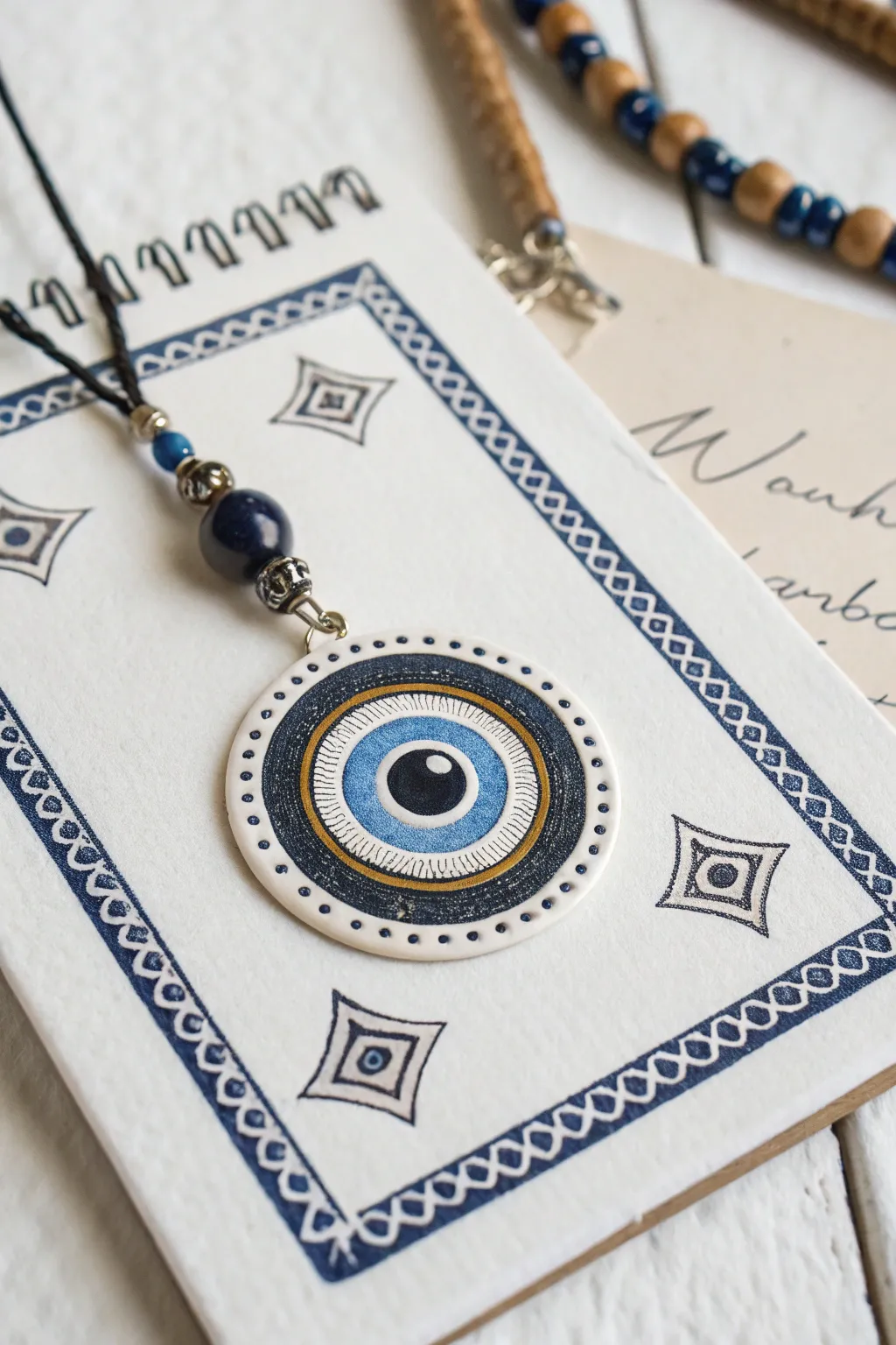 Crisp evil eye charm with layered rings and ornamental border, minimal boho contrast