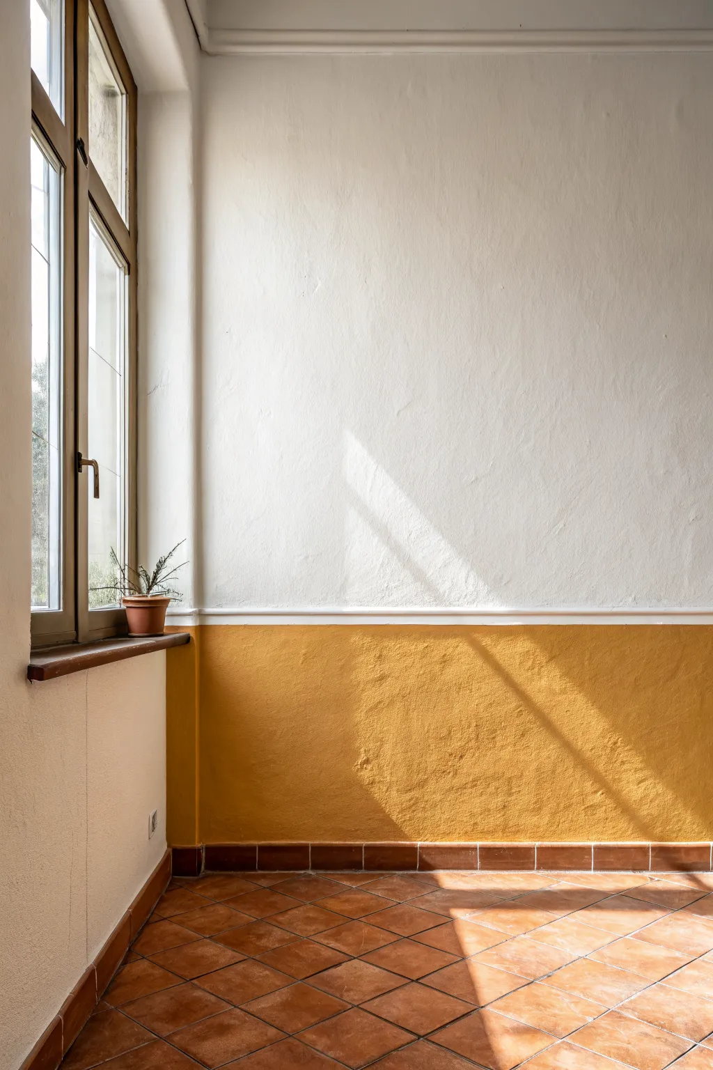 Golden ratio split wall paint in off-white and clay tones, with subtle pencil ticks for harmony