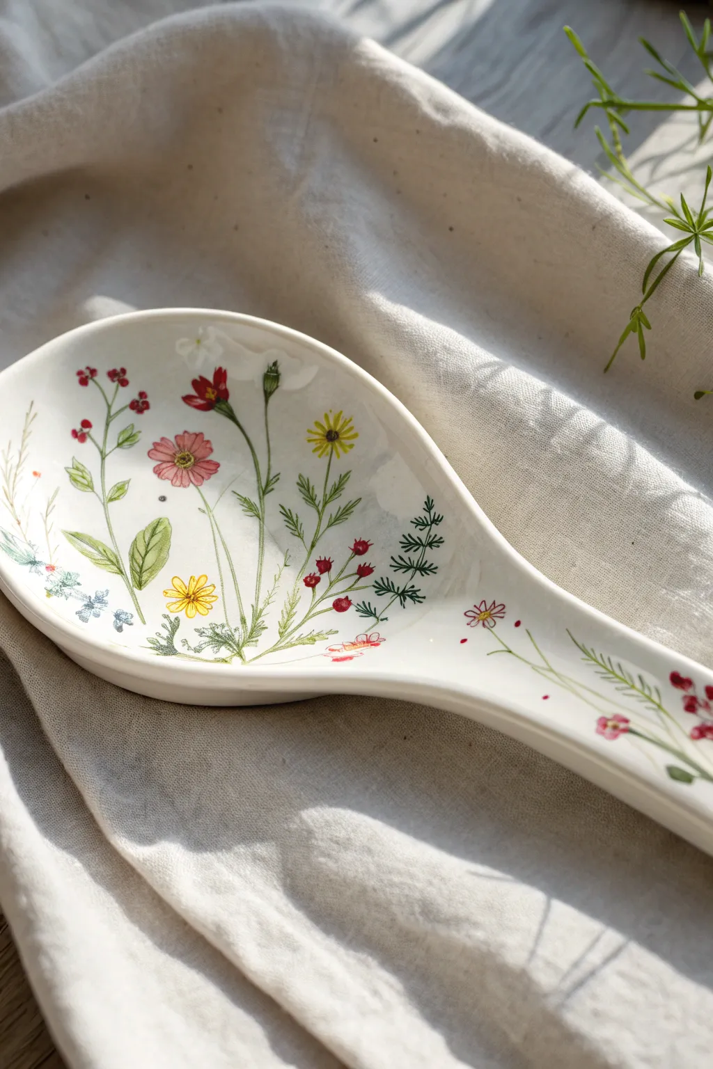 Capture the beauty of a summer meadow with this delicate wildflower spoon rest design.