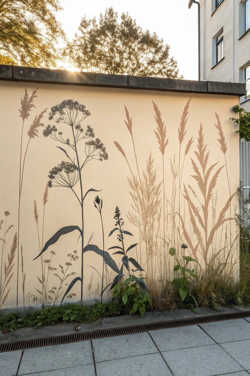Layered spray paint plant shadows form a calm botanical wall mural with Scandinavian minimal charm