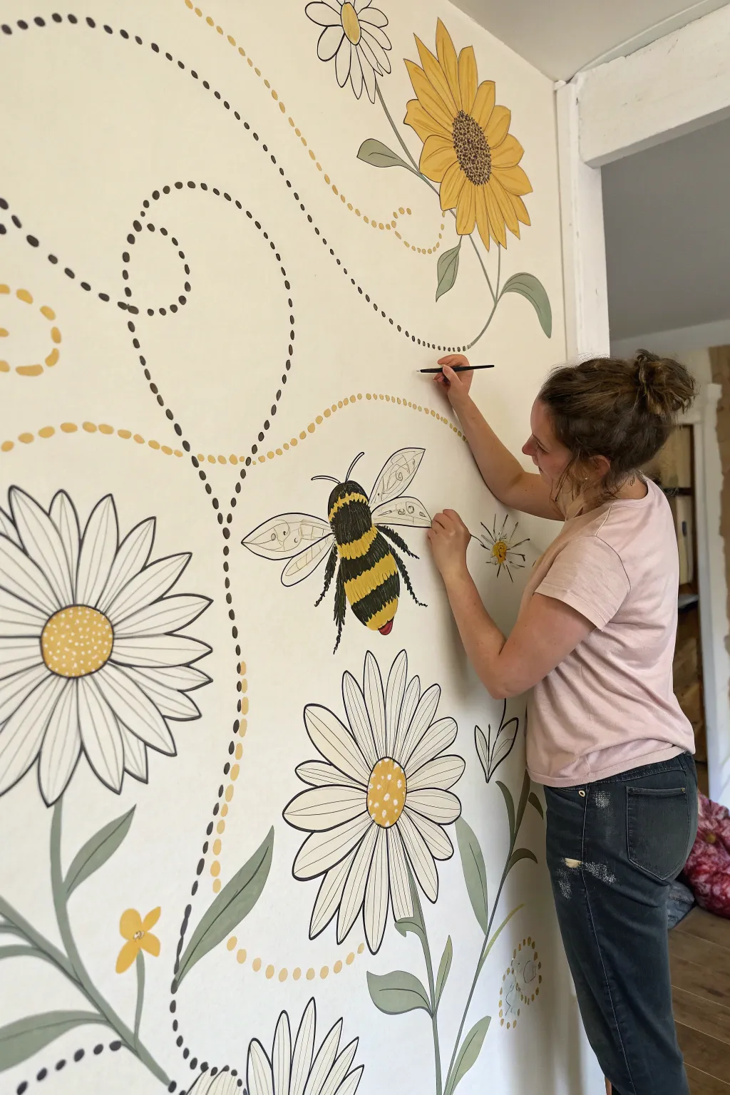 Bee and pollinator parade mural sketch with bold blooms, dotted paths, and sunny minimal style