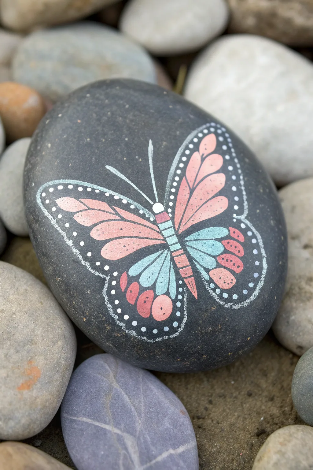 Bright pastel butterfly wings painted on a dark stone, crisp outlines and simple dots for contrast.