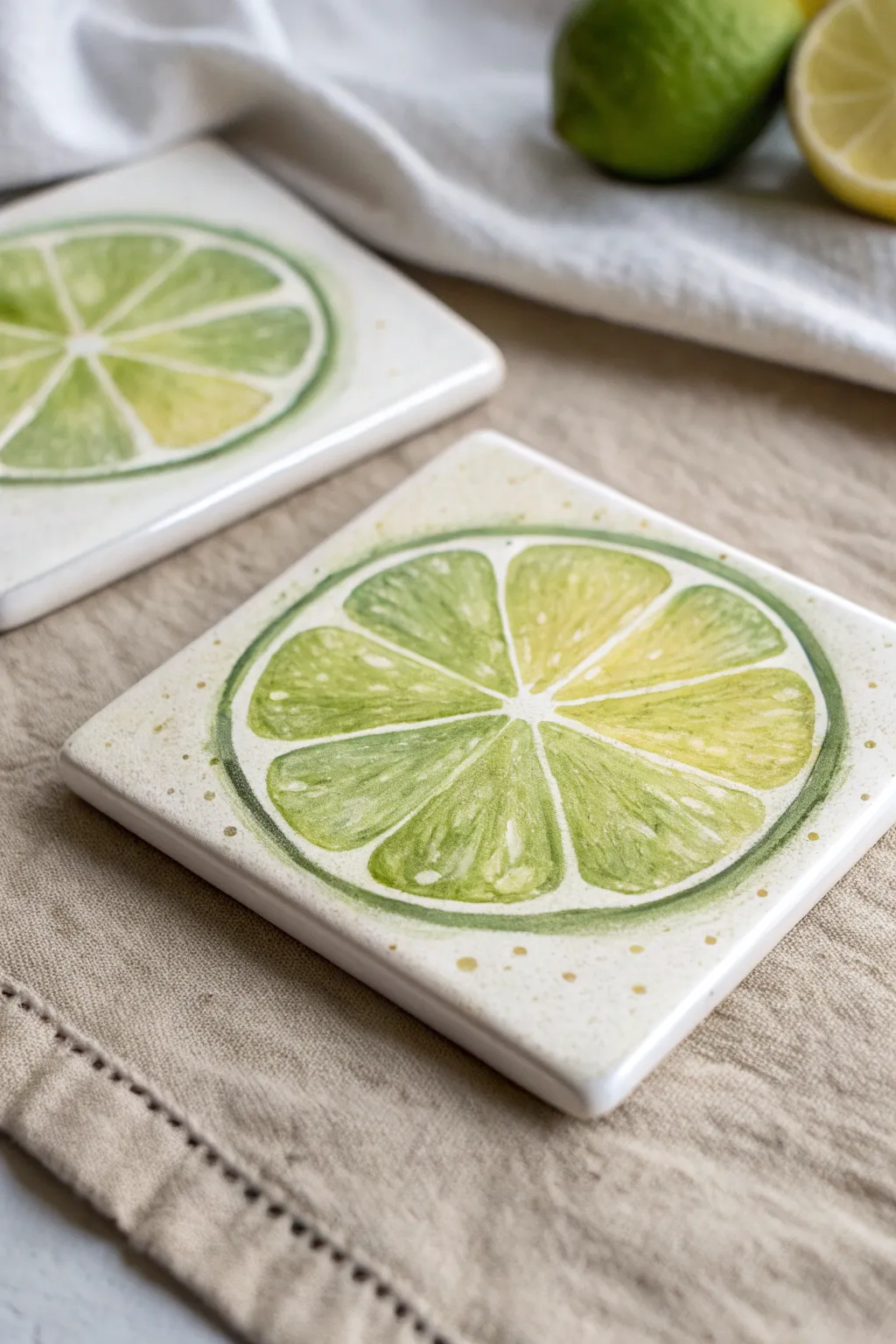 Square coaster with a bright citrus slice centerpiece, clean corners, and modern boho calm.