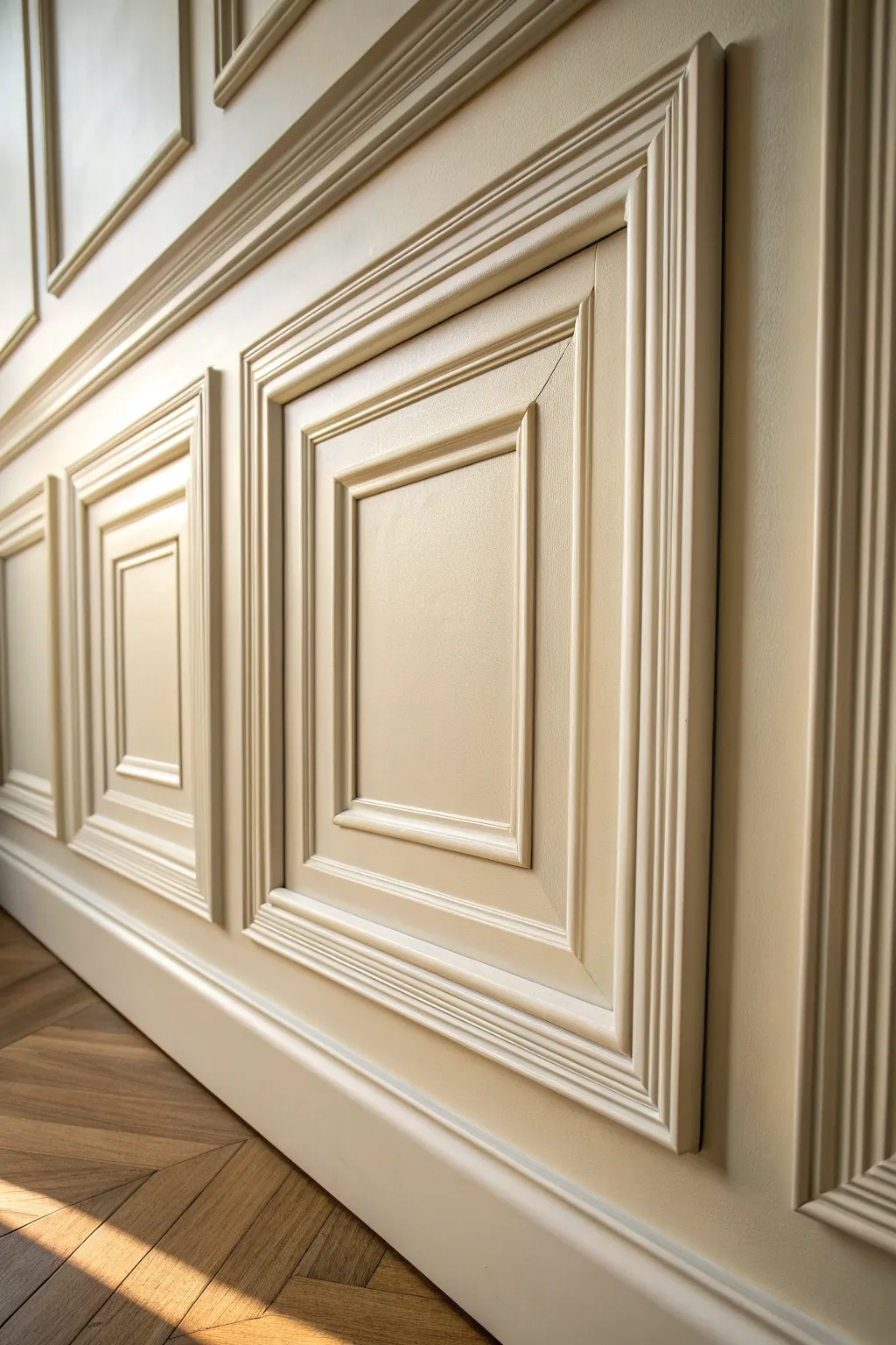 Nested square molding detail with clean Scandinavian simplicity, soft boho warmth, and crisp contrast.