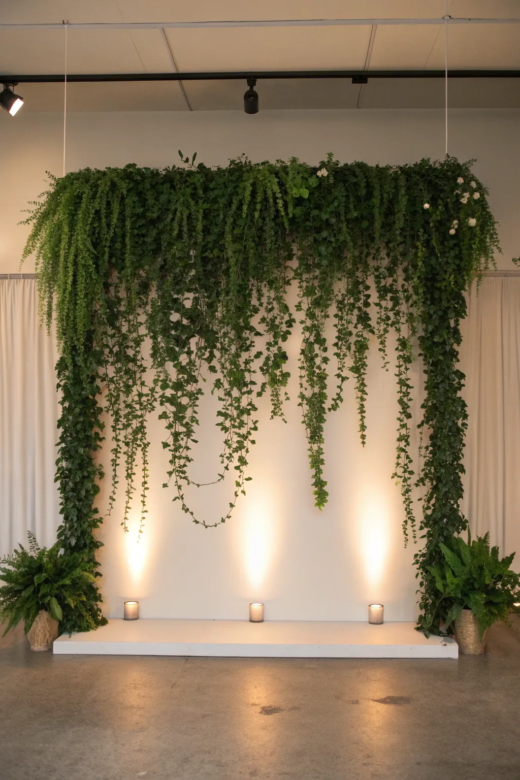 Cozy greenery wall with hanging vines and white blooms, warm light, crisp contrast