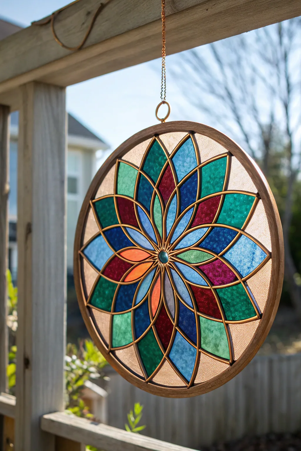 Jewel-tone stained glass mandala in a round frame, glowing against a soft, minimalist window blur