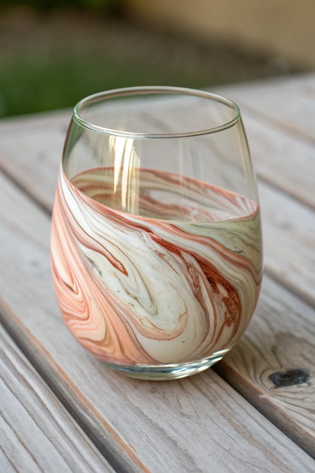 Marble-dipped stemless wine glass close-up with crisp edge and soft boho marble veining