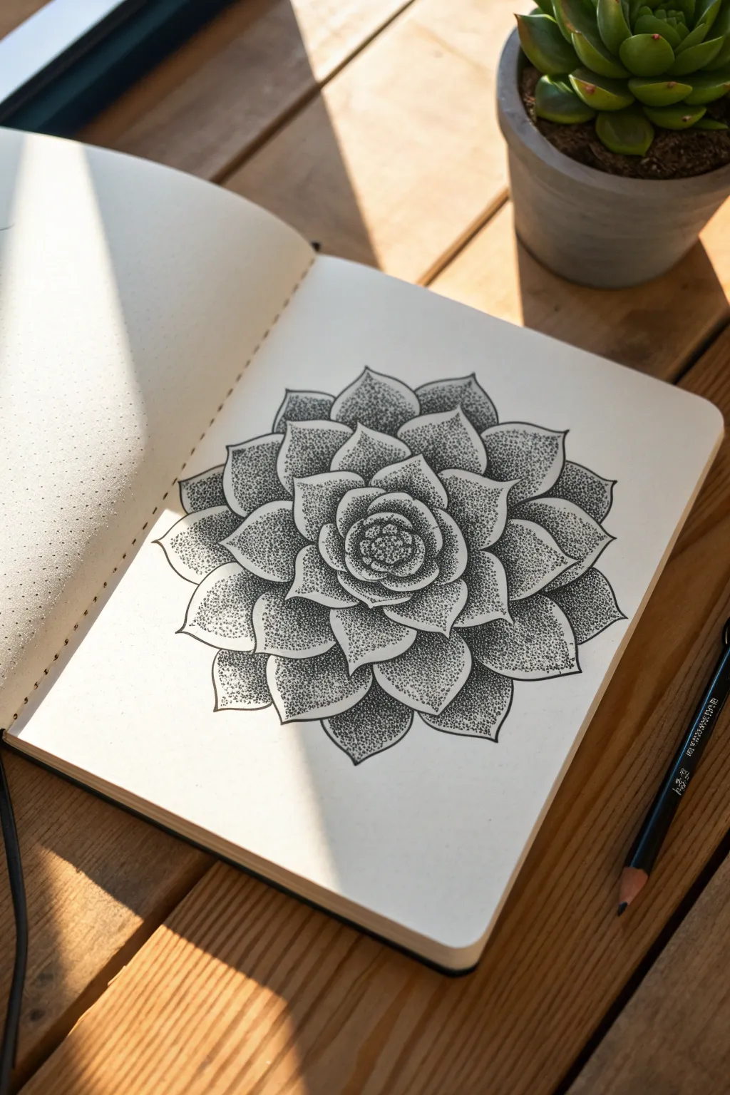 Stipple a rosette succulent with deep dot shadows for overlapping leaves and calm study vibes