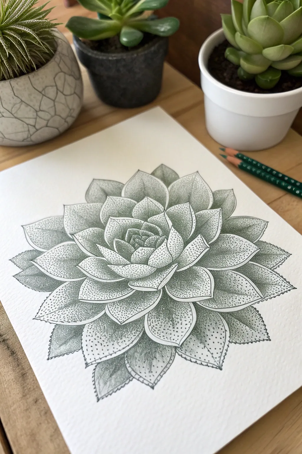 Layered succulent leaf stippling, dense shadow dots and crisp highlights in a calm minimalist style