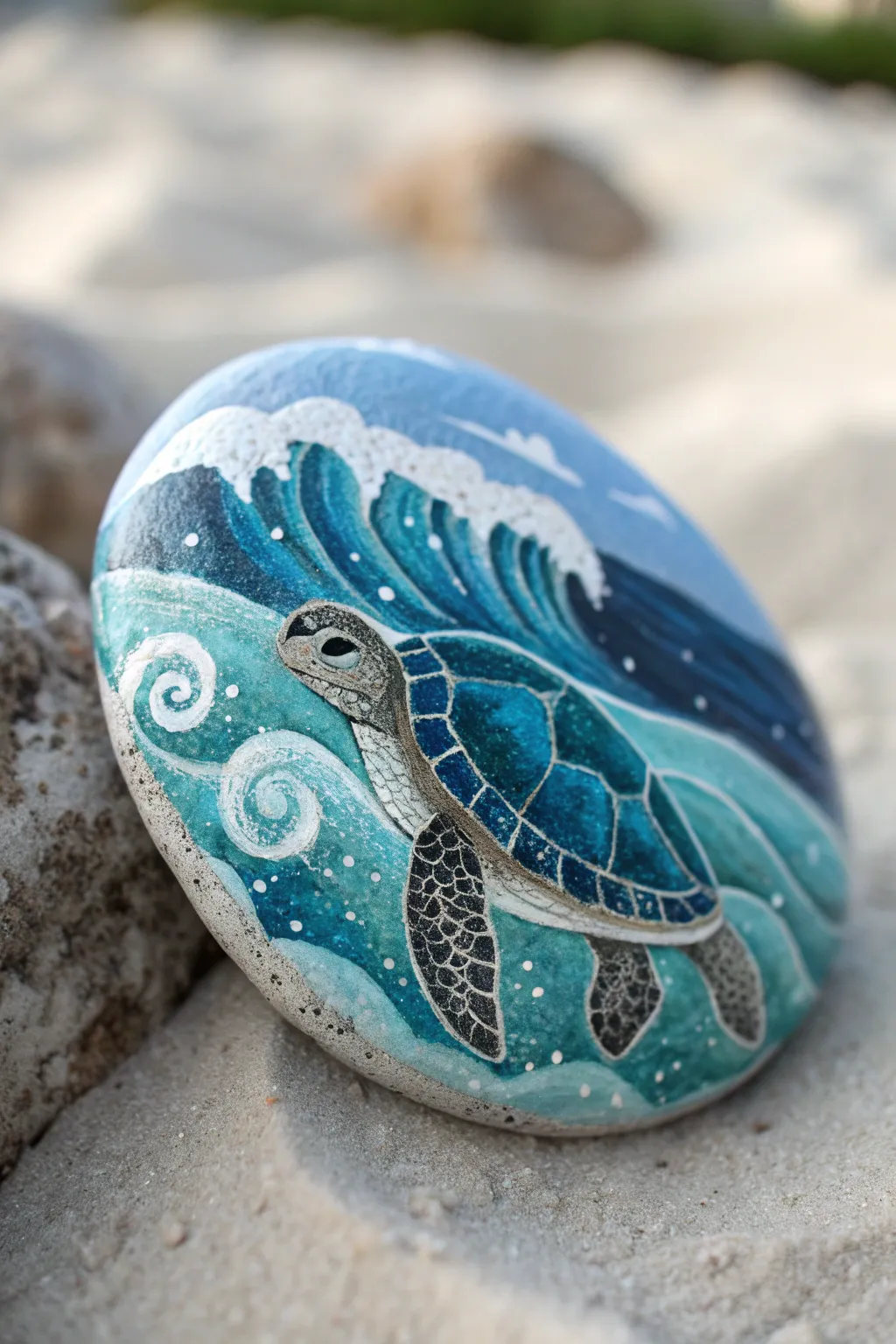 Sea turtle stone with layered blue waves, coastal and minimalist for easy painting inspiration.