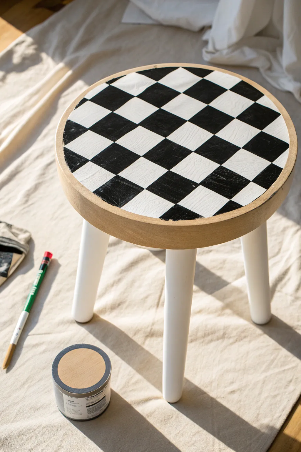 Black and white checkerboard stool seat with brush and tape, simple Scandinavian boho vibe.