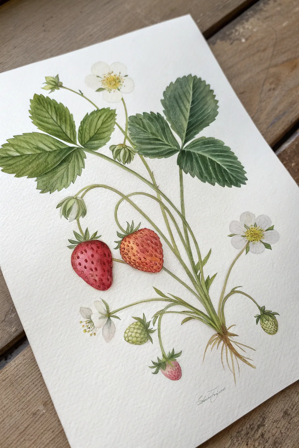 Watercolor botanical strawberry plant study with clean paper, soft contrast, and minimal boho charm