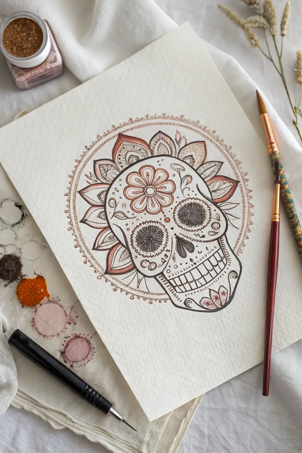 Centered sugar skull with a delicate mandala forehead medallion in calm boho minimalist tones